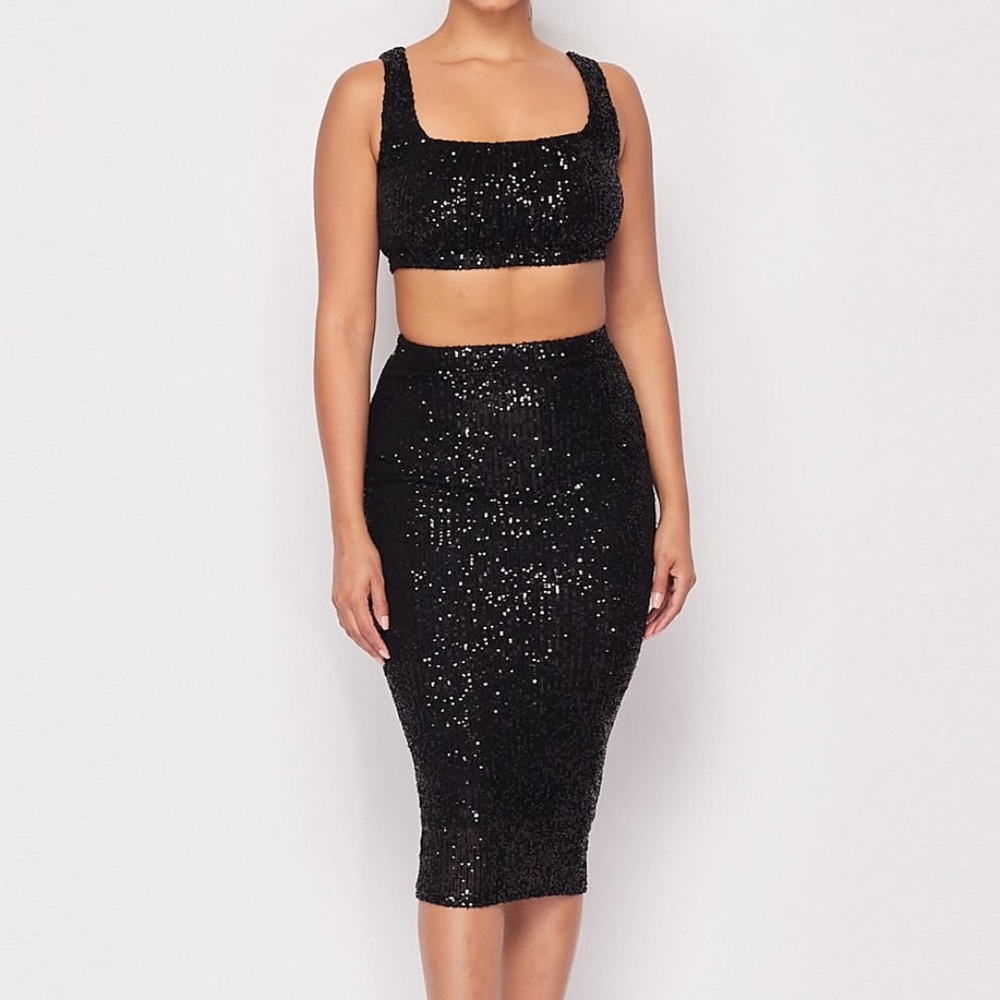 Tiara Black Sequins Crop Top and Skirt Set